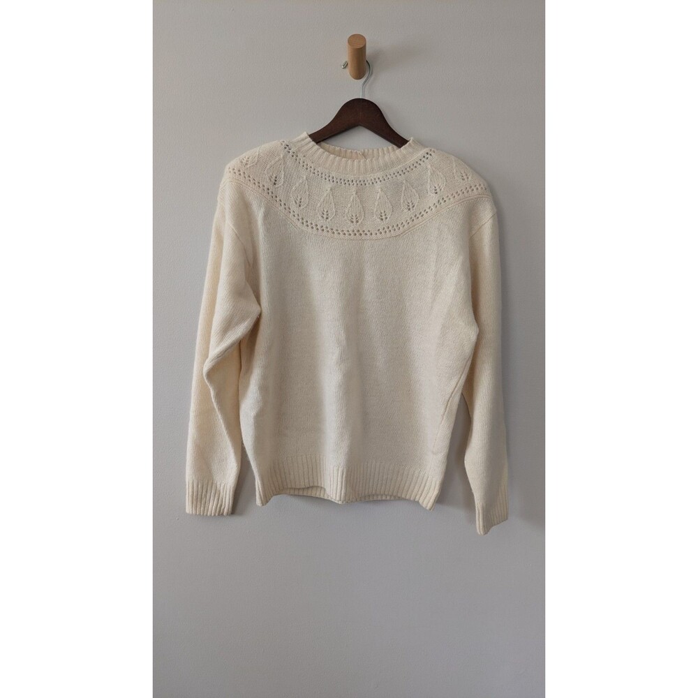 Vtg Worthington Womens Wool Angora Sweater L Embroidered Cottage Classic Cream